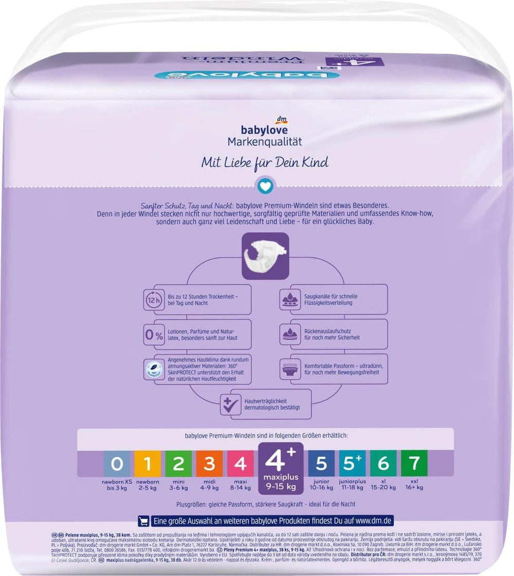 Scutece premium mărimea 4+, maxiplus 9-20 kg, 1 x 38 buc