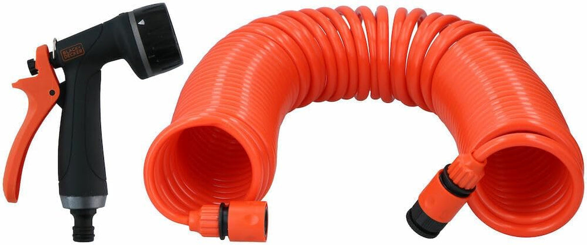 Furtun spiralat BLACK+DECKER 15M - Furtun de grădină inclusiv pulverizator de grădină și racorduri de 1/2" - Plastic - Portocaliu/Negru