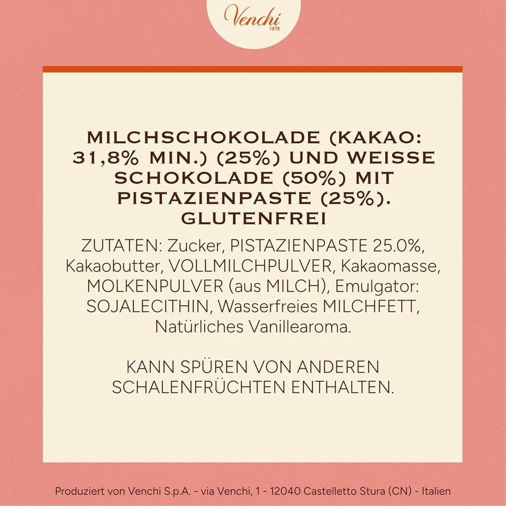 Venchi - Cremino Pistachio Bar, 110g, baton de ciocolată din ciocolată cu lapte și albă cu pastă de fistic, rețetă în trei straturi cu arome mediteraneene, fără gluten, fără coloranți artificiali