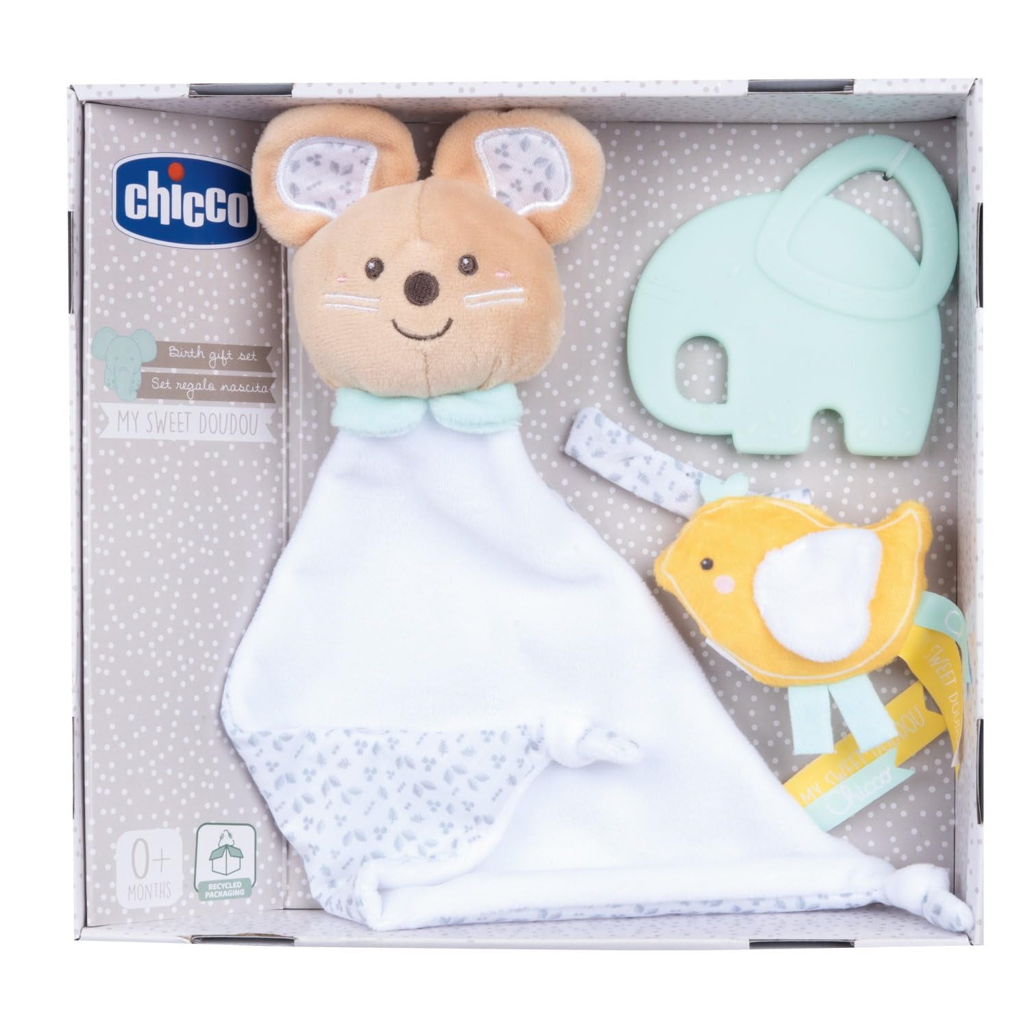 Chicco, Set Cadou Naștere My Sweet Doudou, Pătură DouDou Moale, Suzetă din Velur, Inel de Dentiție cu Elefanți în Relief, Idei de Cadou pentru Nou-născuți de la 0 Luni