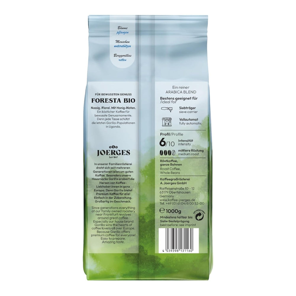 Cafea Gorilla Foresta 6 x 1000g boabe prăjite întregi | Amestec Arabica | Espressoare portafilter și complet automate | Cafea espresso
