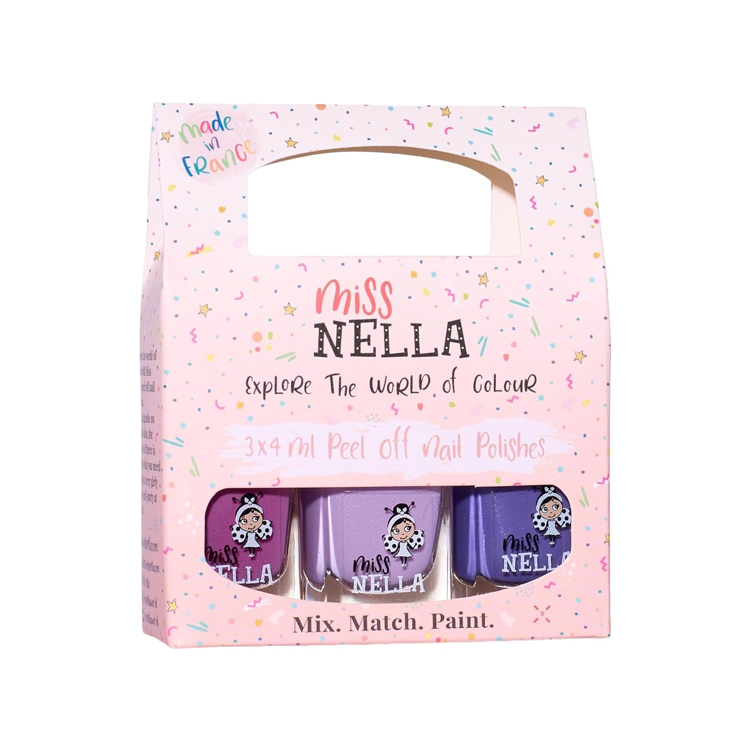Set de ojă cu sclipici Miss Nella Magic Collection, 4 piese: roz, roșu, auriu și albastru, ojă detașabilă specială pentru copii, non-toxică, pe bază de apă și inodoră