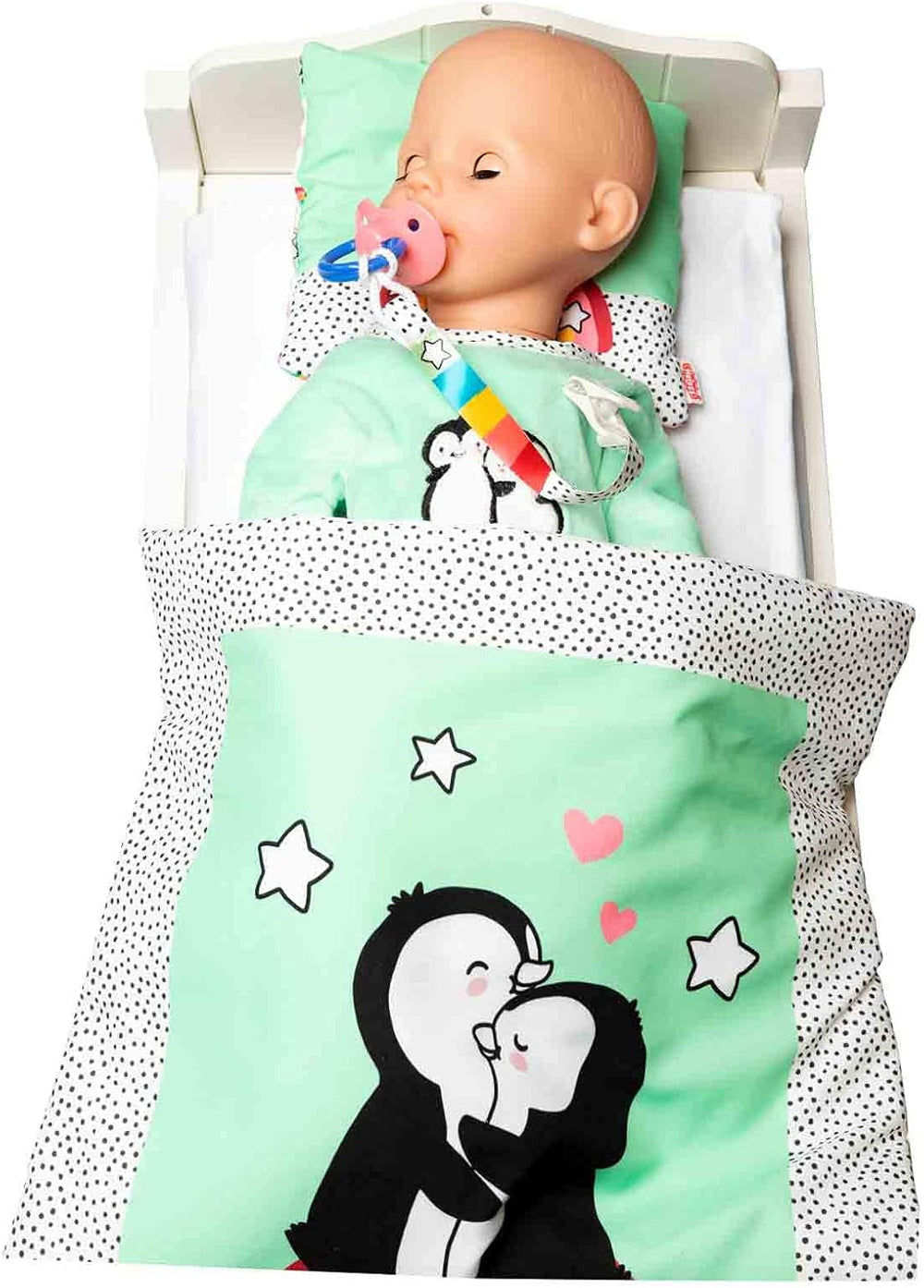 Heless 2181 - Strampler für Puppen im Pinguin Pünktchen Design, aus Softvelours mit hochwertiger Bestickung, Größe 35 - 45 cm