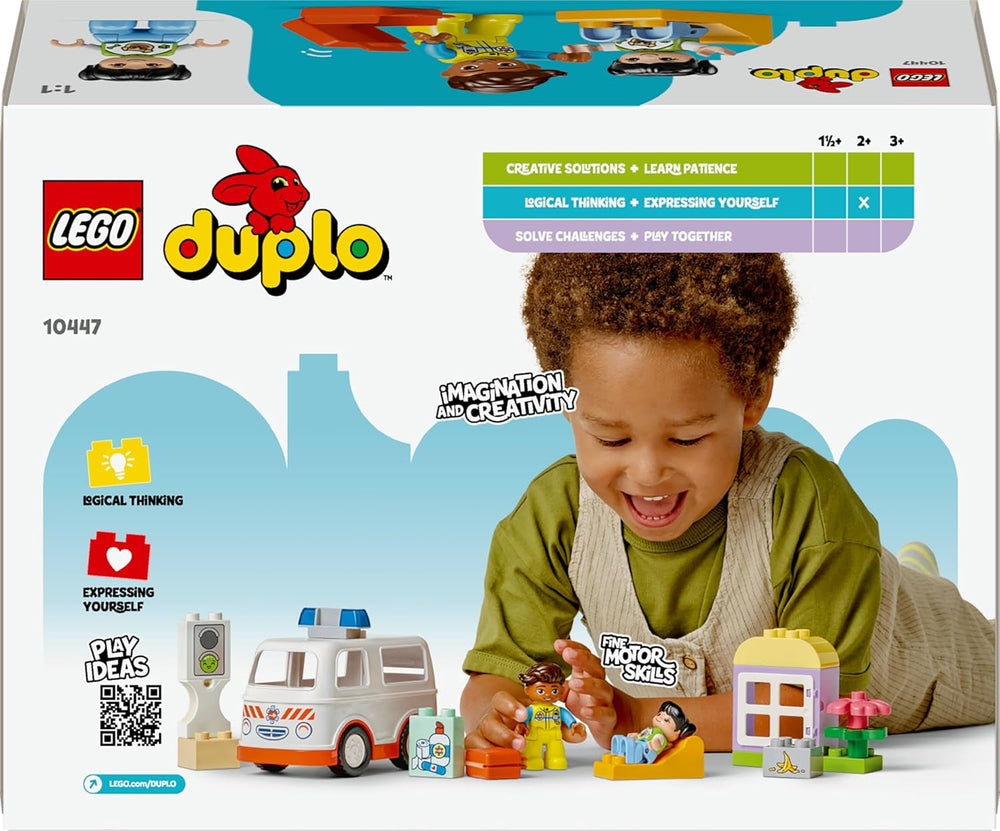 LEGO DUPLO Rettungswagen mit Fahrer - Lernspielzeug für Kleinkinder ab 2 Jahren - Montessori Spielzeug für Rollenspiele - Rettungswagen Spielzeug mit Auto, Haus, 2 Figuren - Geschenk für Kinder 10447