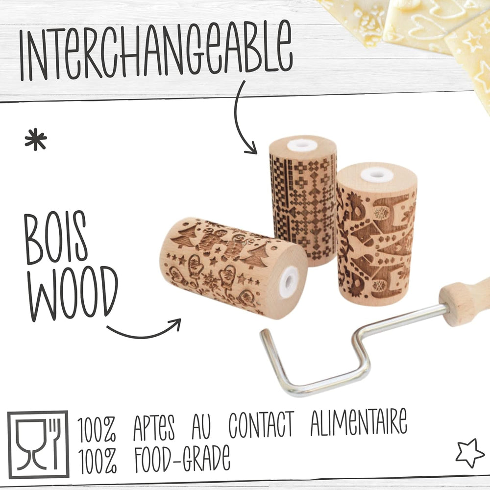 ScrapCooking 3798 Set Rulouri de Biscuiți Crăciun – 3 Mini Rulouri de Biscuiți din Lemn cu Motive – Decorațiuni în Relief – Formă de Biscuiți Sablată