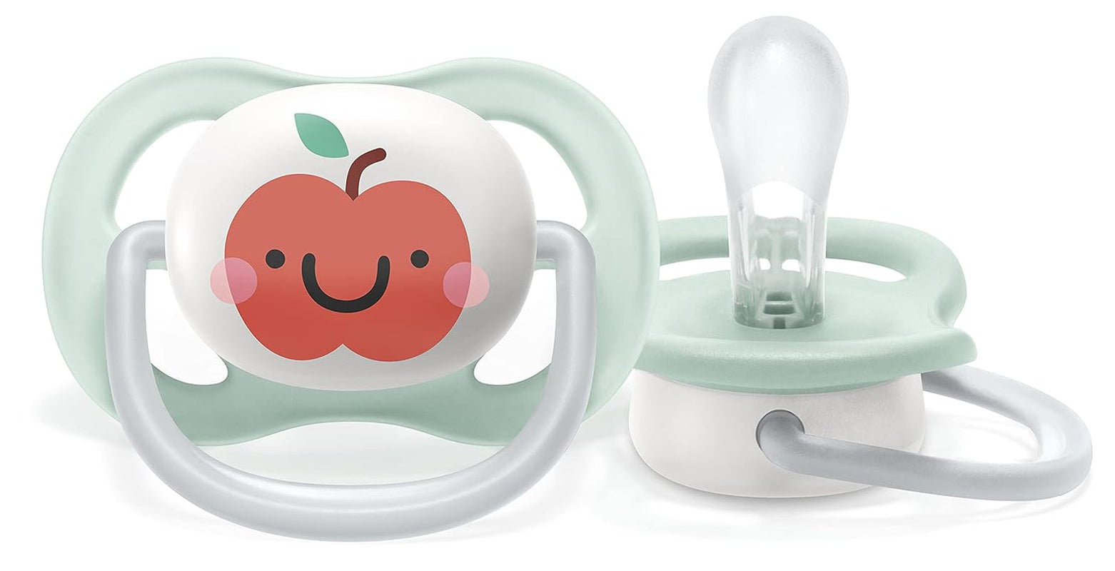 Suzetă Philips AVENT ultra air - pachet de 2, fără BPA, respirabilă, pentru bebeluși 0-6 luni, inclusiv cutie de transport și sterilizare, măr/pară (model SCF080/17)