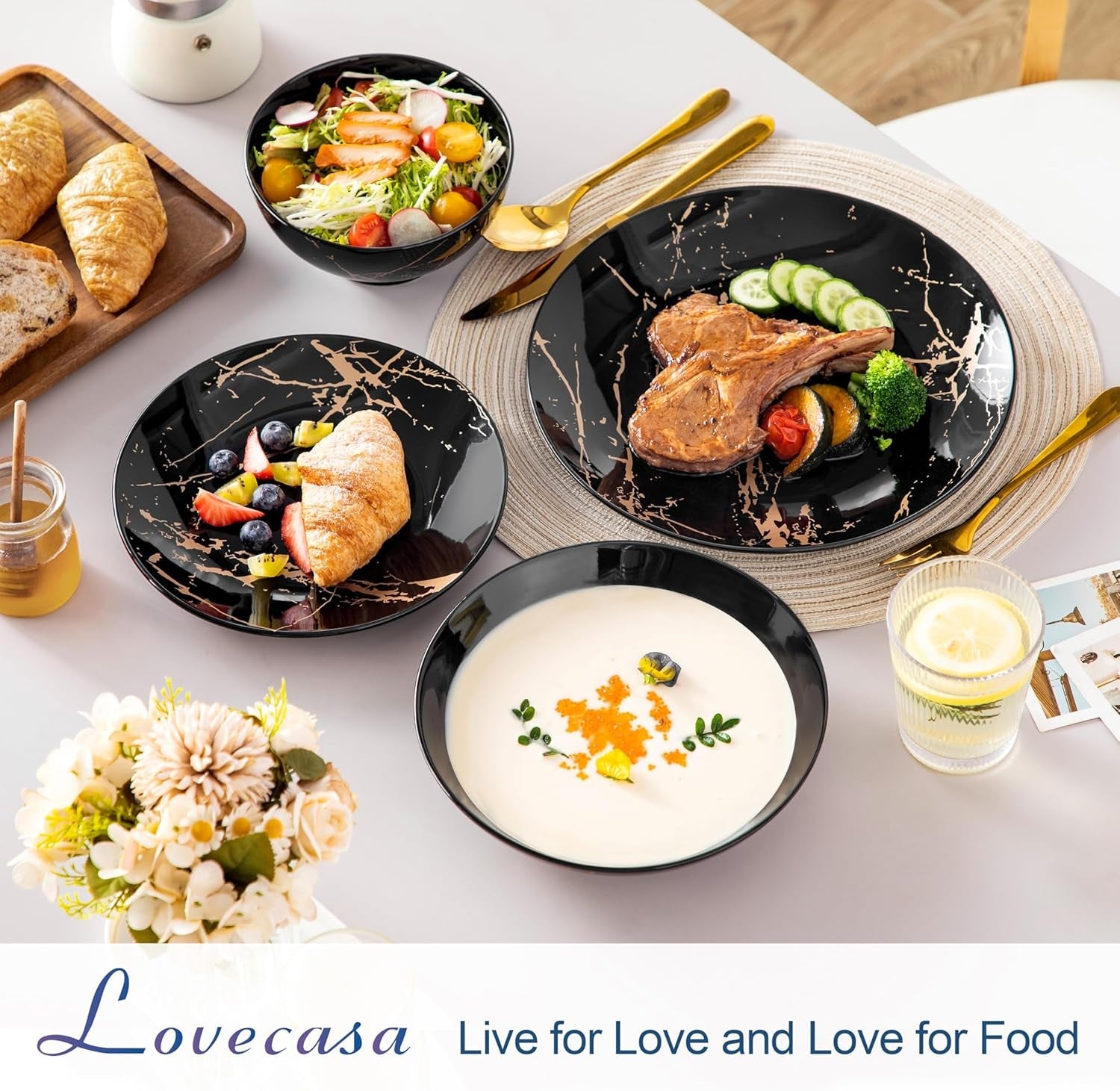Set de veselă din porțelan LOVECASA, seria Daphne, set combinat SWEET cu 24 de piese, set de veselă cu design auriu, farfurii de cină, farfurii de desert, boluri pentru cereale și farfurii de sumă pentru 6 persoane
