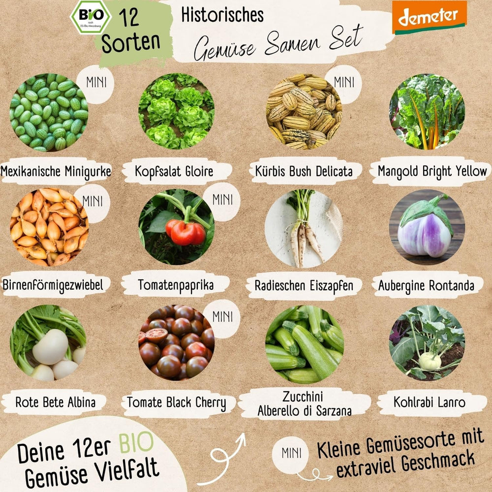 Set de semințe de legume organice - 12 varietăți de semințe de legume Demeter | Semințe de legume rare și de familie, toate polenizate liber | Soiuri de legume de familie pentru balcoane, paturi înalte, grădini și cadou | Loveplants