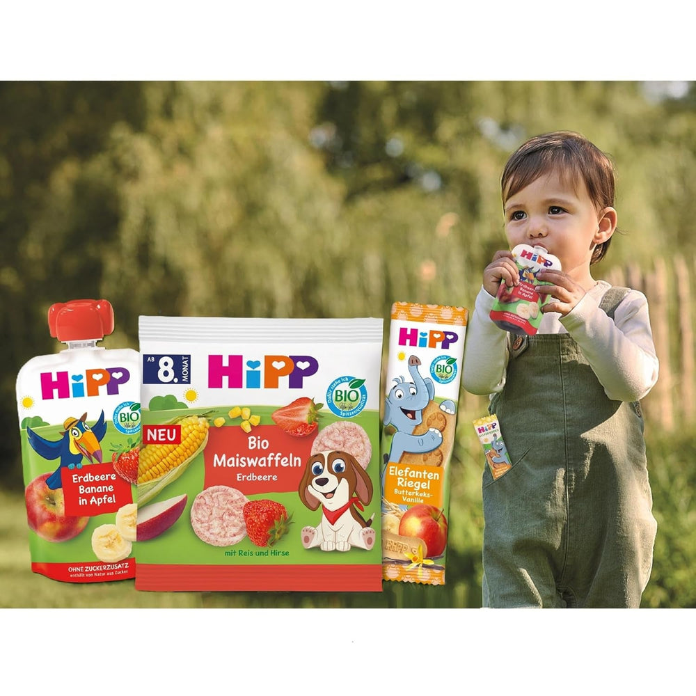 Pungă de fructe stoarcabilă HiPP Organic cu căpșuni și banane în culoarea mărului - Theo Tukan (8 x 100g), de la 1 an, piure de fructe 100%, fără zahăr adăugat, vegan, de cea mai bună calitate organică