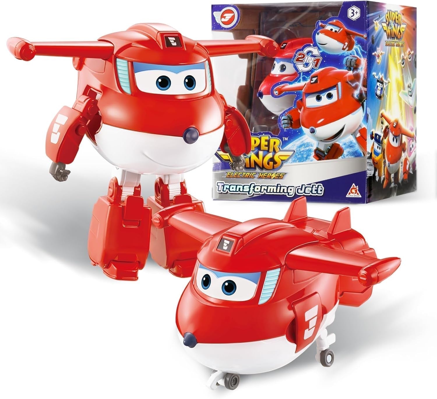 Super Wings Transformation Plane Supercharged Traver, Aprox. 12.7 Cm Figură mare de joacă pentru copii, avion de jucărie și figură de robot pentru băieți și fete de peste 3 ani, argintiu Action figures Naty Shop Jett