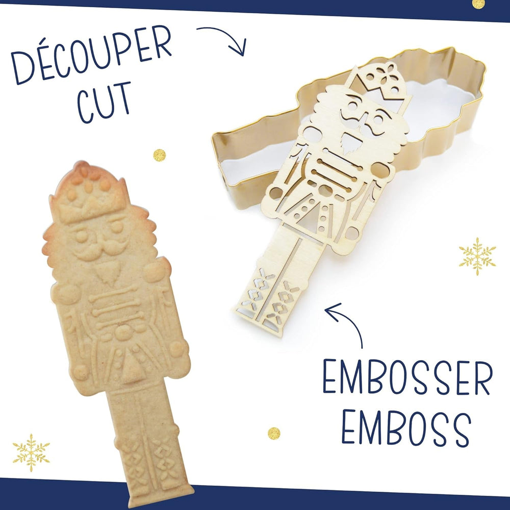 ScrapCooking - Set Forme de Biscuiți + Mașină de Gofrare Spargător de Nuci din Lemn – Formă de Biscuiți de Crăciun din Oțel Inoxidabil pentru Biscuiți în Relief – Accesoriu Formă de Coacere Sablată – Culoare Aurie – 2097