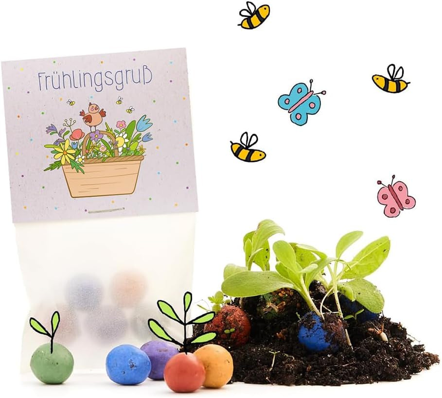 Bunte Blumenmurmeln "Frühlingsgruß" L 10 X5 Kleine Saatkugeln in Einem Tütchen Mit Blumenkorb-Motiv L Geschenk Zu Ostern, Im Frühling, Als Gastgeschenk Oder Als Dankeschön Für Erzieher, Lehrer