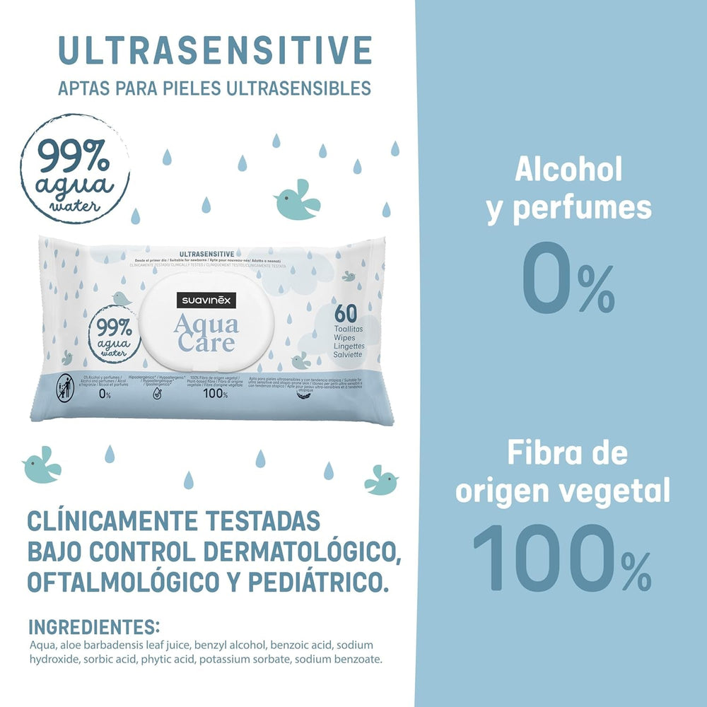 Șervețele umede Suavinex Aqua Care pentru bebeluși, 60 de unități, șervețele demachiante 99% apă, fibre de origine vegetală, cu aloe vera, fără parfum și alcool, testate dermatologic, potrivite pentru pielea sensibilă
