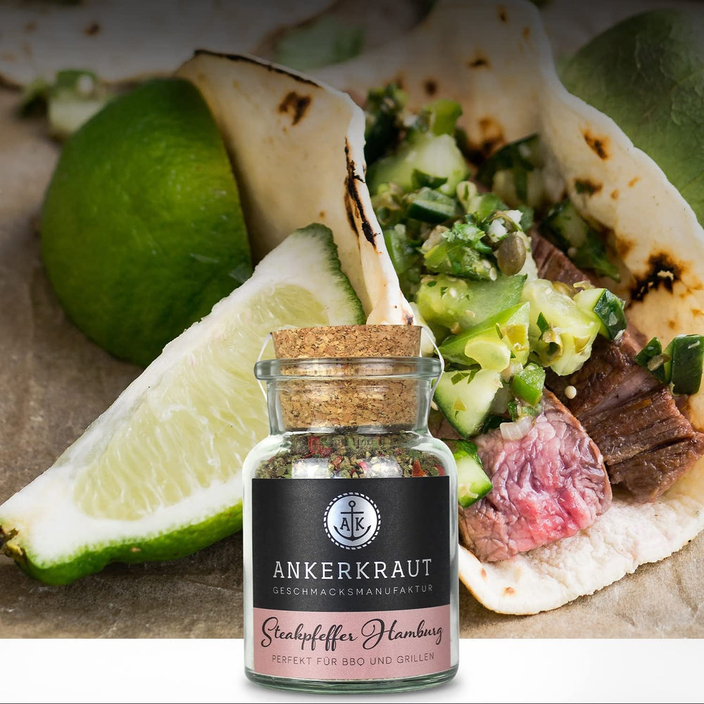 Ankerkraut Steakpfeffer Hamburg, Pfefferkörner Hausmischung, grober Steakhouse-Pfeffer, frische Note, Universal Allrounder, Lecker Kochen mit Qualität, 80 g im Korkenglas