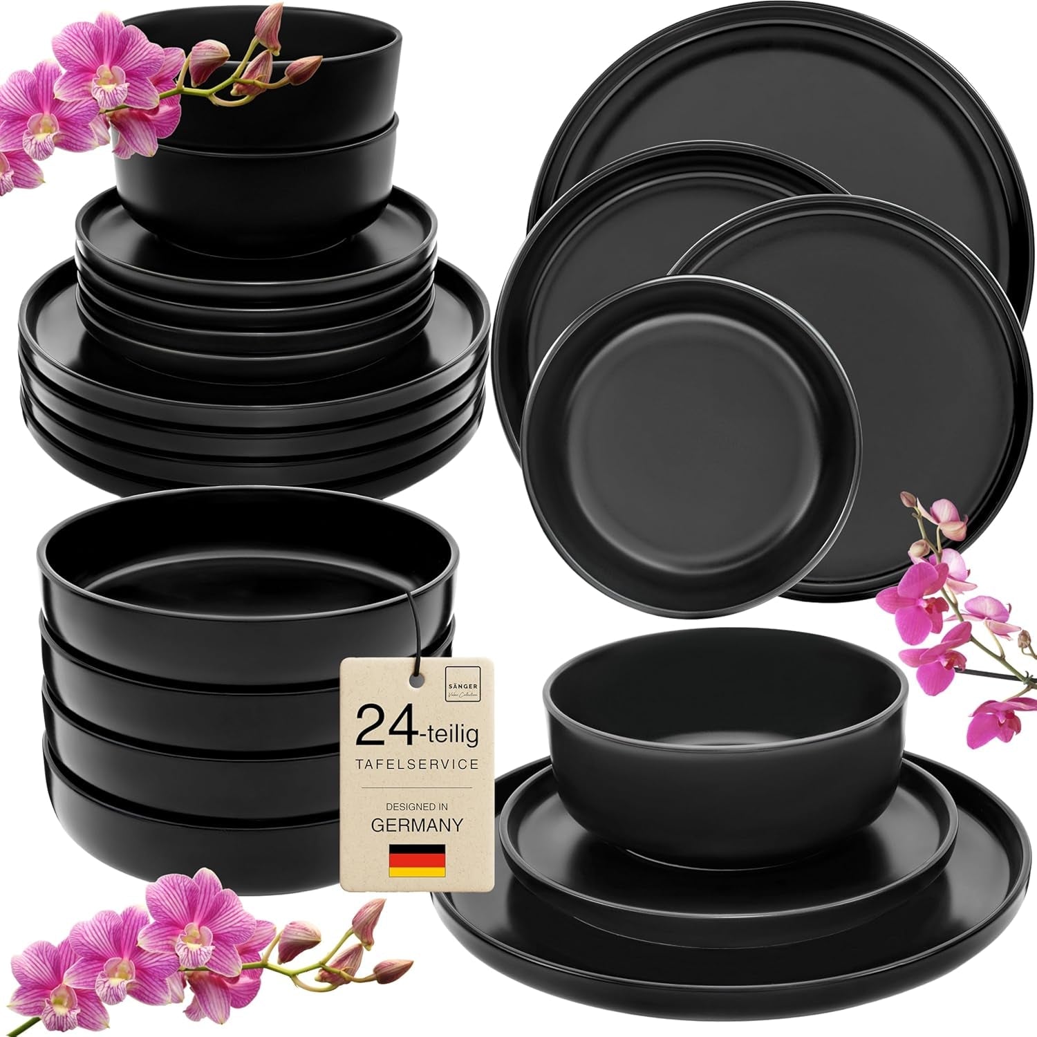 SÄNGER Madeira | Set de veselă combinat cu 24 de piese, set de veselă din gresie pentru 6 persoane, 6 farfurii de cină, 6 farfurii de mic dejun, 6 farfurii de sumă, 6 boluri pentru paste, set de veselă și bol, negru mat | COLECȚIA VALUE