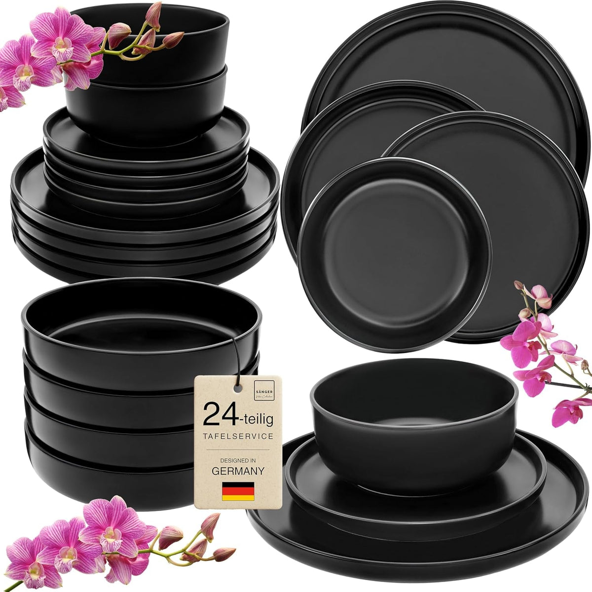 SÄNGER Madeira | Set de veselă combinat cu 24 de piese, set de veselă din gresie pentru 6 persoane, 6 farfurii de cină, 6 farfurii de mic dejun, 6 farfurii de sumă, 6 boluri pentru paste, set de veselă și bol, negru mat | COLECȚIA VALUE