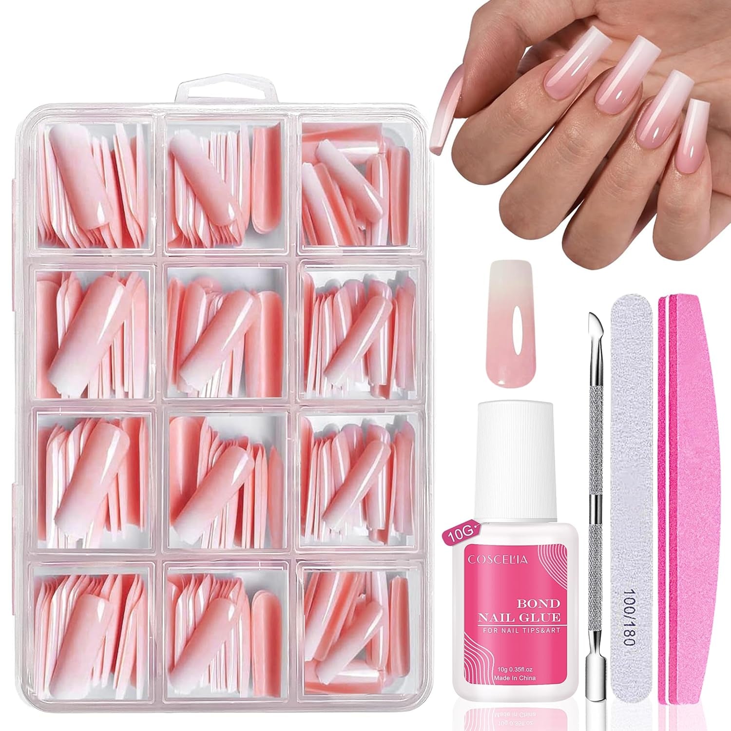 Set de unghii false - 240 de bucăți, unghii false franțuzești, pentru lipit - Design gradient alb roz, unghii artificiale, acoperire completă, gel moale, naturale și confortabile la purtare (migdală roz)