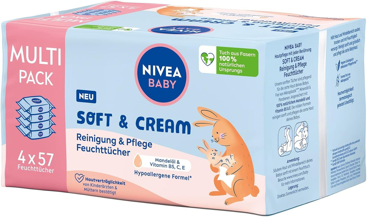 Șervețele umede NIVEA BABY Soft & Cream pentru bebeluși (4 x 57 bucăți)