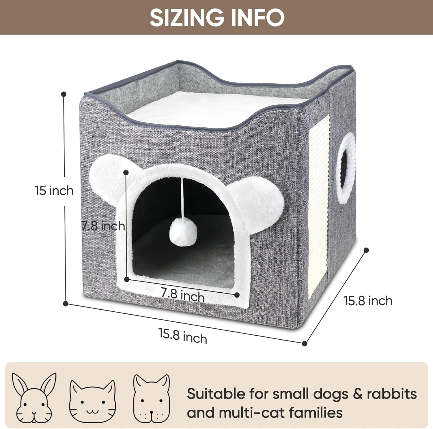 Katzenbetten für Indoor Katzen, Faltbares Katzenhaus, Katzenhöhle 2 Schicht Würfel Großer Raum Katzenbett mit Kratzbrett und Spielball, 15.8 x 15.8 x 15inches