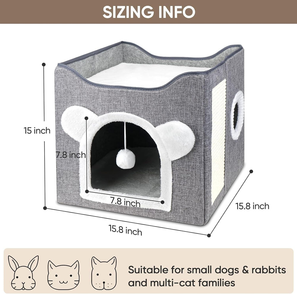 Katzenbetten für Indoor Katzen, Faltbares Katzenhaus, Katzenhöhle 2 Schicht Würfel Großer Raum Katzenbett mit Kratzbrett und Spielball, 15.8 x 15.8 x 15inches