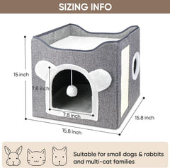 Katzenbetten für Indoor Katzen, Faltbares Katzenhaus, Katzenhöhle 2 Schicht Würfel Großer Raum Katzenbett mit Kratzbrett und Spielball, 15.8 x 15.8 x 15inches