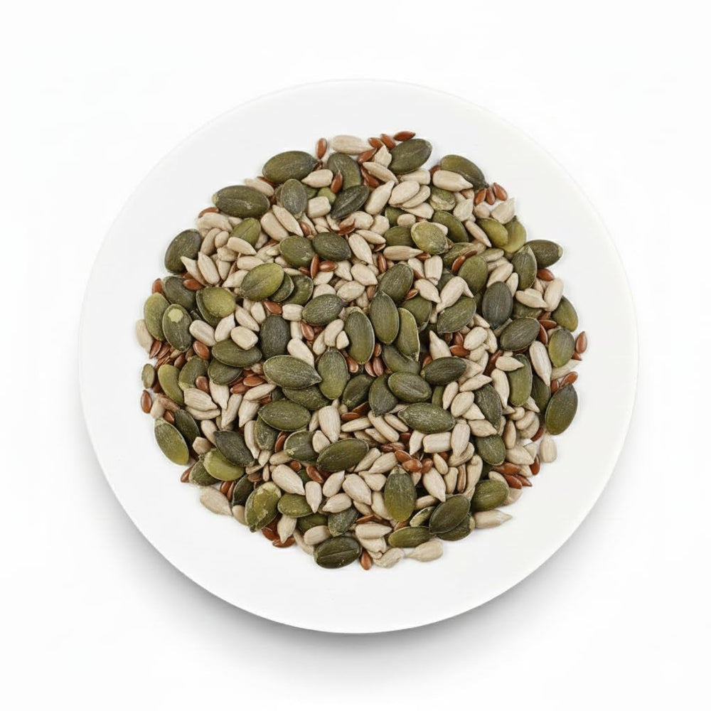 Mix organic de semințe Omega 3 kg (amestec de semințe de dovleac, floarea-soarelui și in), un amestec de 3 semințe oleaginoase crude întregi, bogat în proteine, fibre și acizi grași omega-3