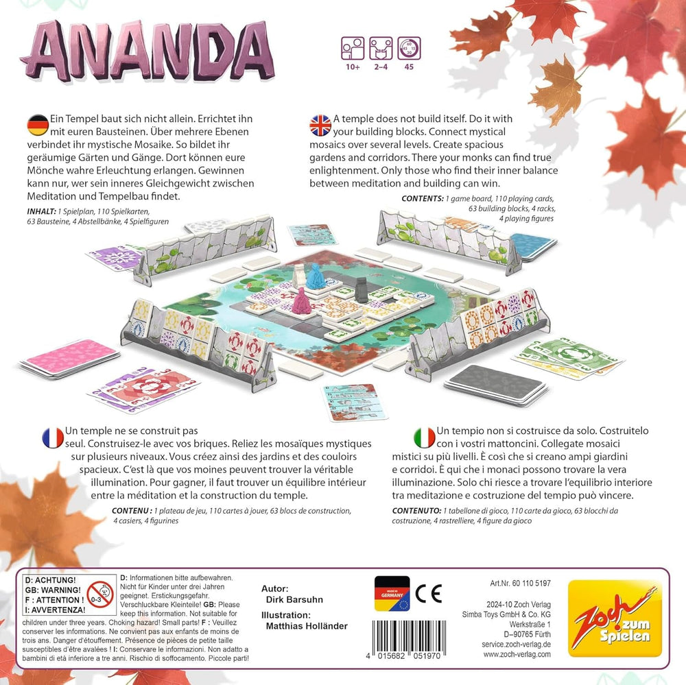 Zoch Ananda - Un joc de societate strategic cu influențe meditative, construirea de temple cu ajutorul unor tactici, călugări care meditează în zone colorate, colectează puncte karma, joc de familie pentru vârste de 10 ani și peste.