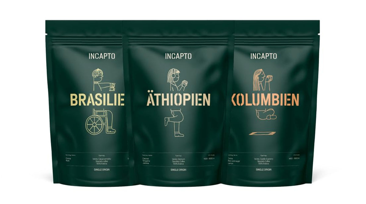 Incapto Best Sellers Set Spezialitäten-Kaffeebohnen | Herkunft - Kolumbien, Brasilien und Äthiopien | Specialty Coffee +80 Punkte SCA | 3 Pakete à 500g