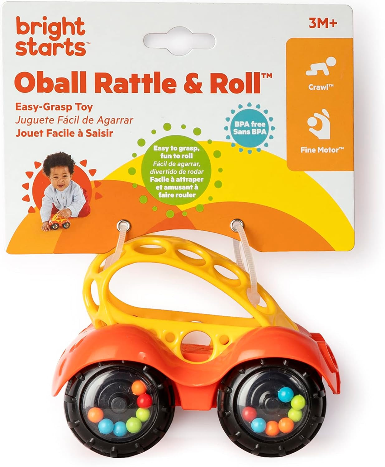Bright Starts, Oball, mașină de jucărie cu zornăitor, jucărie cu activitate motorie pentru bebeluși și copii mici de la 3 luni, 1 bucată, culoare aleatorie albastru sau roșu Jucarii Bebe Naty Shop