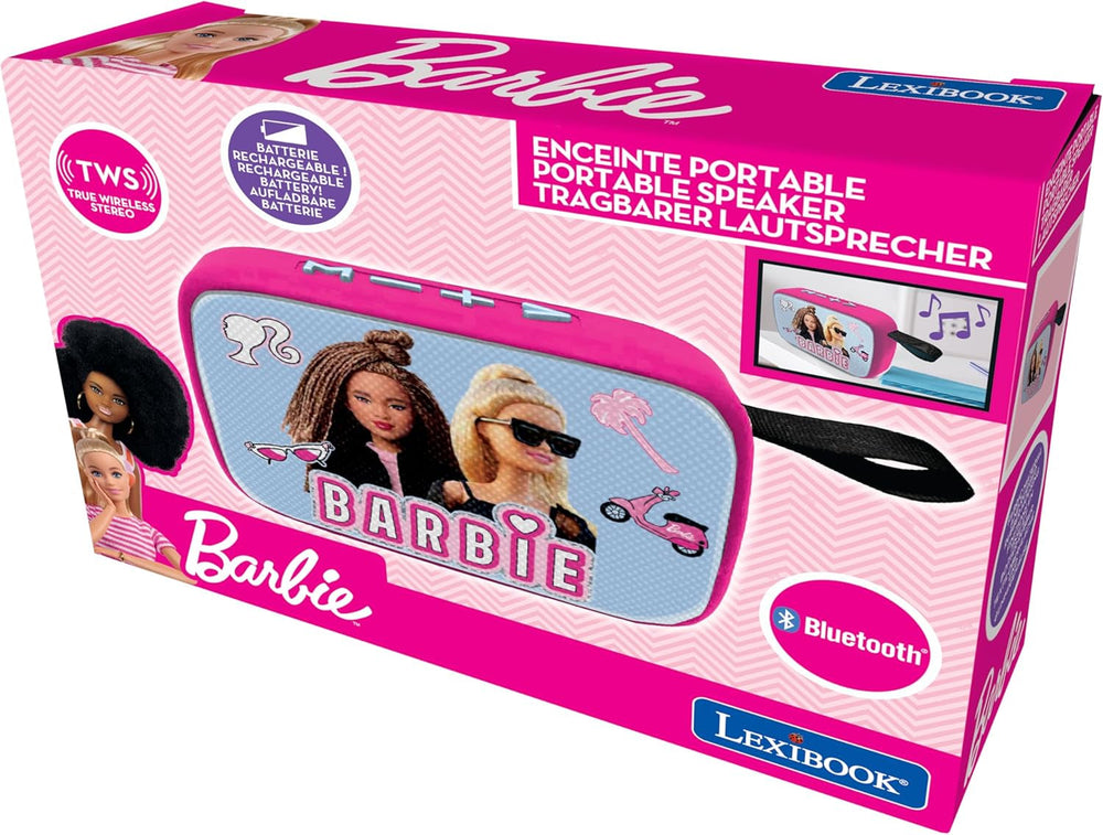 Lexibook Mattel Barbie - Tragbarer Bluetooth-Lautsprecher, kabellos, USB-C, SD/TF-Karte, wiederaufladbarer Akku, blau/rosa, BT018BB