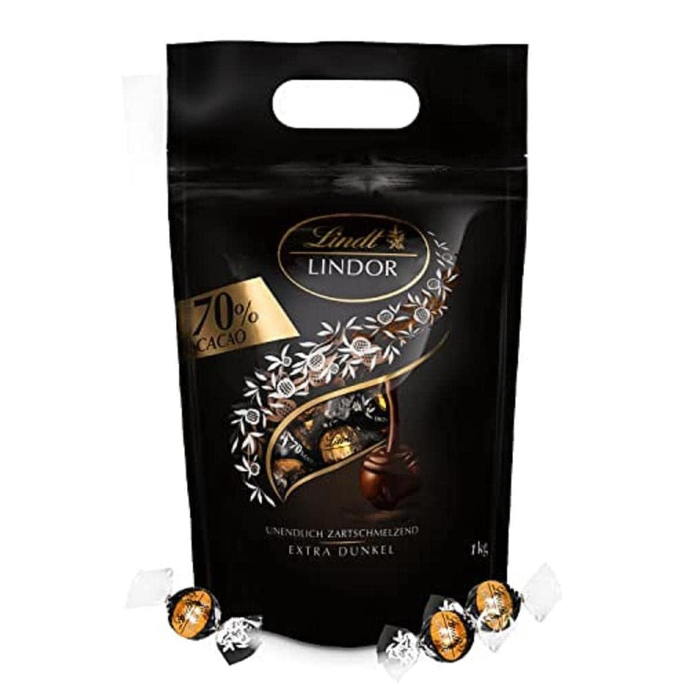 Bile de ciocolată extra neagră Lindt LINDOR și biluțe de ciocolată cu cremă de căpșuni LINDOR | pungă resigilabilă de 1 kg | aprox. 80 de biluțe de ciocolată albă cu cremă de căpșuni