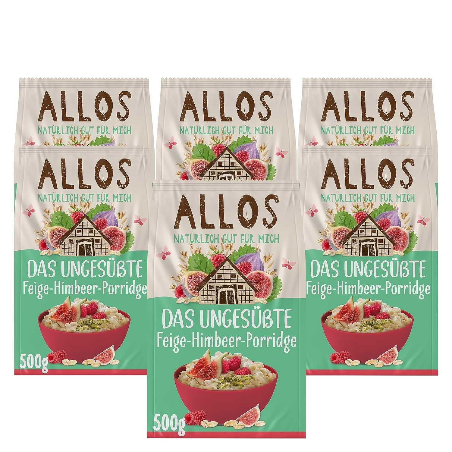 Terci de smochine și zmeură Allos neîndulcit | Terci fără zahăr | Muesli organic | Muesli cu fructe | Fulgi de ovăz | Terci de mic dejun | Cereale pentru micul dejun | Vegan | Pachet de 6 (6 x 500g)