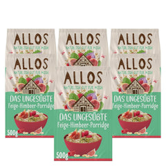 Terci de smochine și zmeură Allos neîndulcit | Terci fără zahăr | Muesli organic | Muesli cu fructe | Fulgi de ovăz | Terci de mic dejun | Cereale pentru micul dejun | Vegan | Pachet de 6 (6 x 500g)