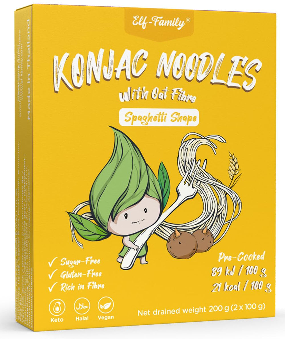 Tăiței Konjac Premium din Thailanda, Vegani, Fără Gluten - 240g x Pachet de 6 (12 pachete), Tăiței Shirataki Elf-Family, Tăiței Instant, Paste/Keto/Conținut scăzut de carbohidrați/Conținut scăzut de calorii/Fără zahăr - Spaghete și Fettuccine