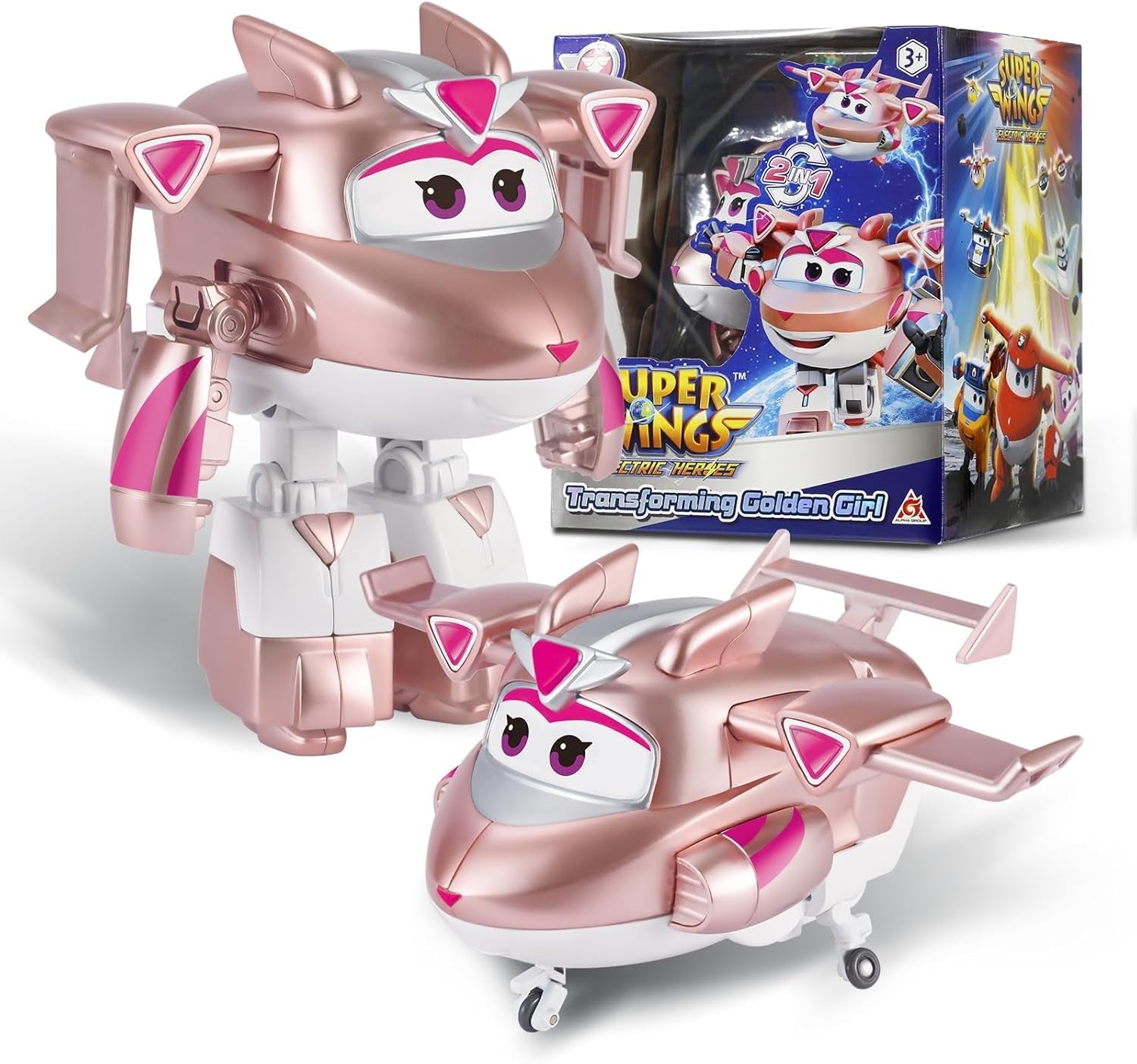 Super Wings Transformation Plane Supercharged Traver, Aprox. 12.7 Cm Figură mare de joacă pentru copii, avion de jucărie și figură de robot pentru băieți și fete de peste 3 ani, argintiu Action figures Naty Shop Fata de aur