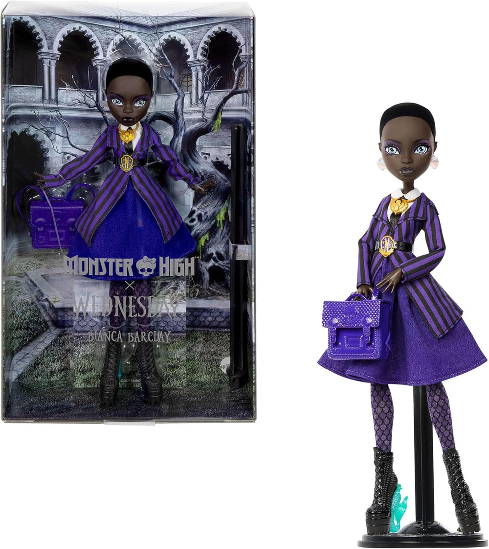 Monster High x Wednesday-Puppe mit Zubehör, Bianca Barclay-Sammelfigur in der Uniform der Nevermore Academy mit Sirenen-Amulett, Rucksack und Puppenständer, JDR71