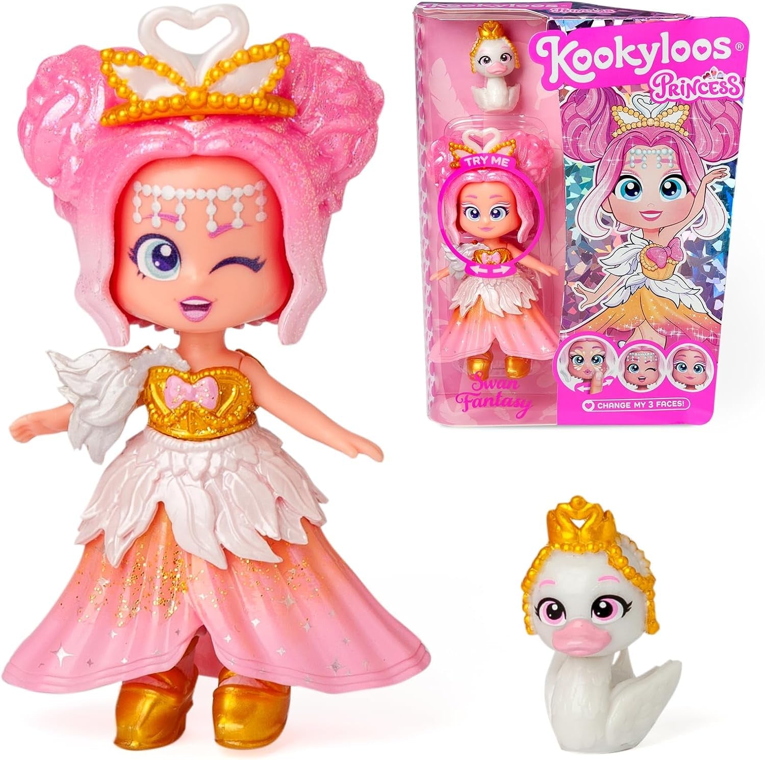 Serie Princess, Swan Fantasy – Sammelpuppe aus der Princess-Serie. Enthält Puppe, Set aus Kleidung und Schuhen mit Prinzessinnen-Thema, Zubehör und Haustier. 1 Puppe, 3 Verschiedene