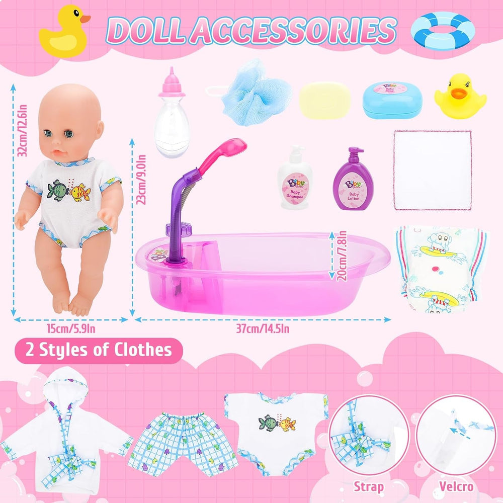 Set cădiță de baie pentru păpuși deAO, păpușă interactivă de 33 cm, baie pentru păpuși, set de joacă pentru păpuși cu suzetă, haine pentru păpuși, halat de baie, scutece pentru păpuși, cadă și spray de duș funcțional