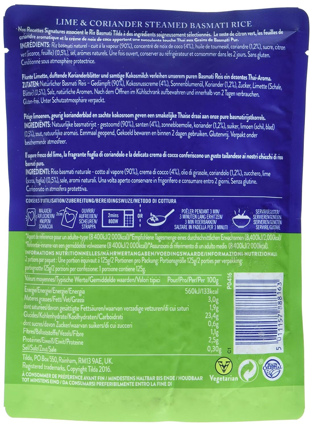 Orez TILDA Basmati gătit la aburi cu lime și coriandru pentru cuptorul cu microunde, 250 g