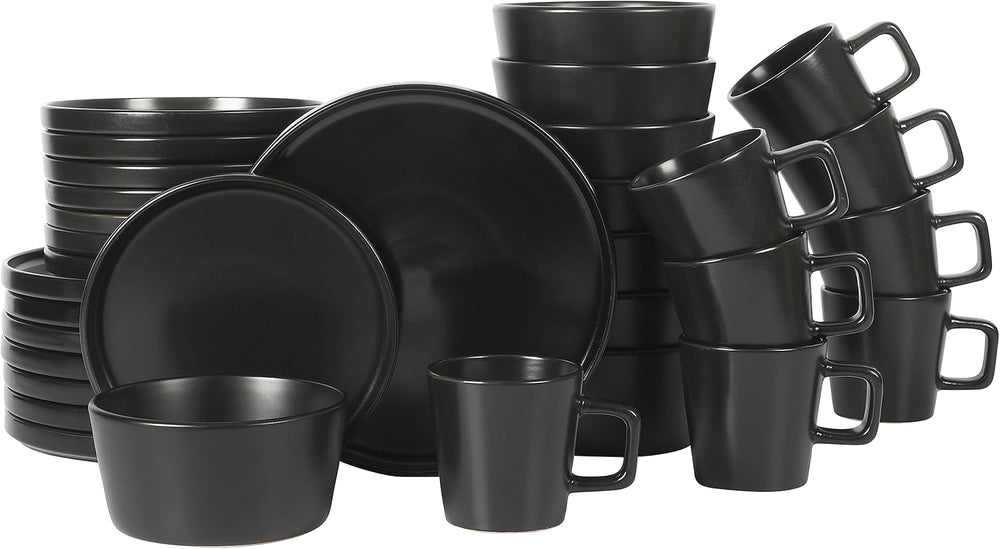 Set de veselă Bowery, 32 de piese, negru mat, gresie, farfurii, boluri și căni, serviciu pentru 8 persoane