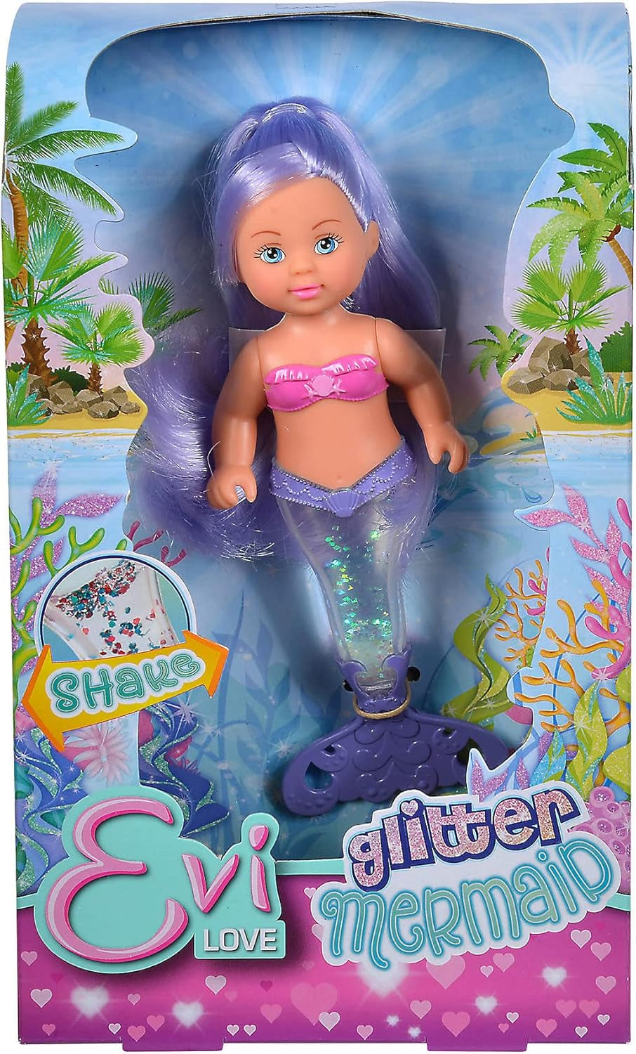 Simba 105733482 - Evi Love Glitter Mermaid, Puppe als Meerjungfrau mit Schwanzflosse, die beim Schütteln glitzert, Es Wird nur EIN Artikel geliefert