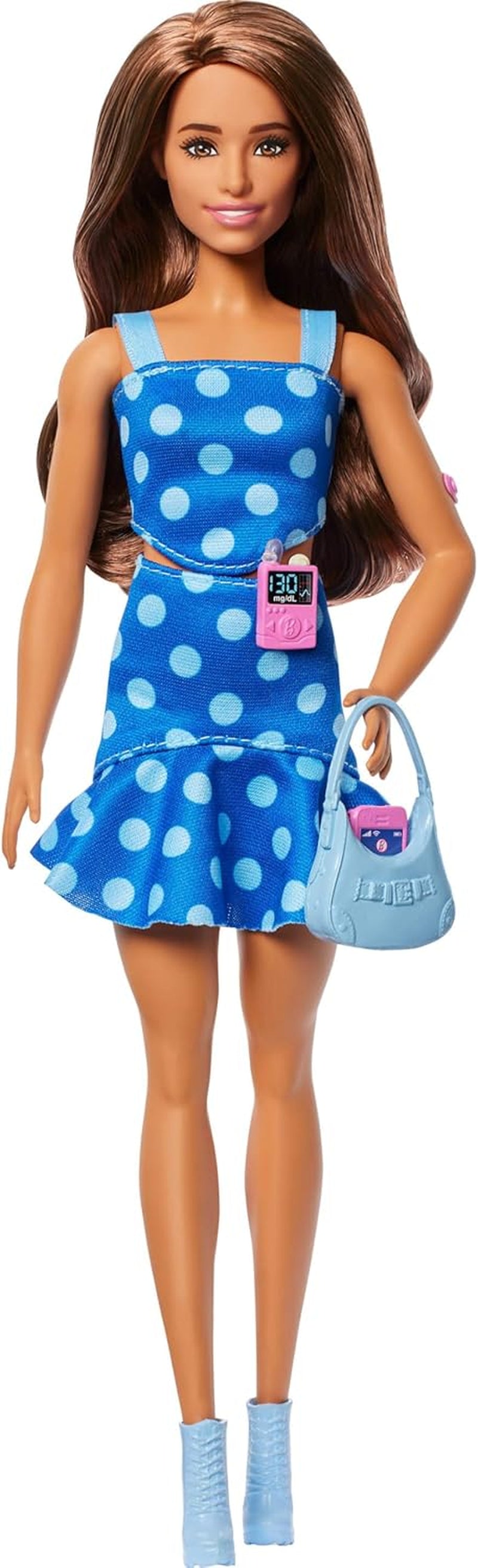 Păpușa Barbie Fashionistas #242, păpușă cu diabet zaharat de tip 1 și o ținută și accesorii cu buline, în colaborare cu Breakthrough T1D, HYT97