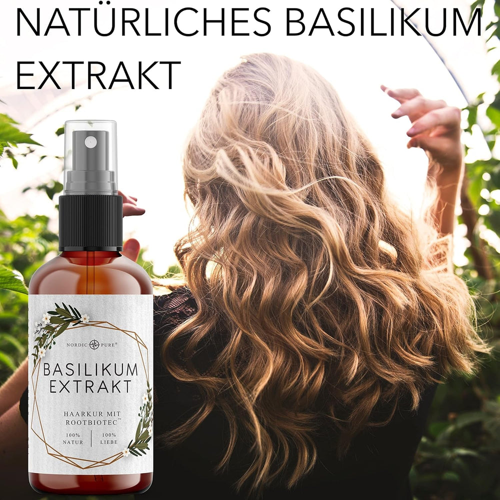 Tratament pentru păr cu extract de busuioc de la Nordic Pure | Pentru îngrijirea părului subțire, uscat și fragil | Poate preveni căderea părului | 100ml Ingrijirea parului Naty Shop