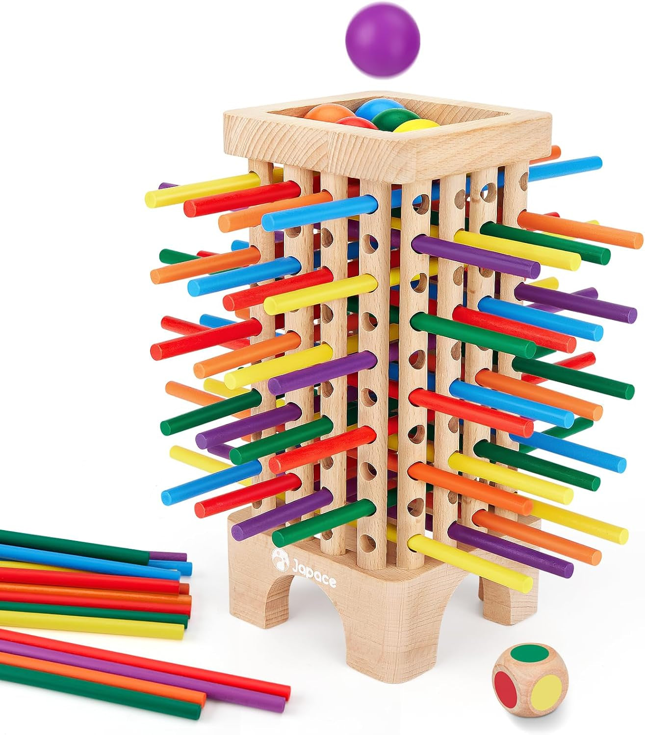 Joc de societate Montessori din lemn Japace, 42 de bețe de lemn colorate, joc de zaruri, jucărie de învățare a matematicii pentru vârste de 3, 4, 5, 6 ani, jucărie de motricitate fină și numărare, joc de familie, joc de călătorie pentru copii