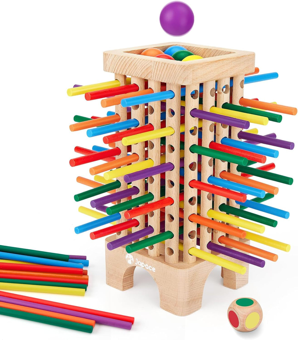 Joc de societate Montessori din lemn Japace, 42 de bețe de lemn colorate, joc de zaruri, jucărie de învățare a matematicii pentru vârste de 3, 4, 5, 6 ani, jucărie de motricitate fină și numărare, joc de familie, joc de călătorie pentru copii