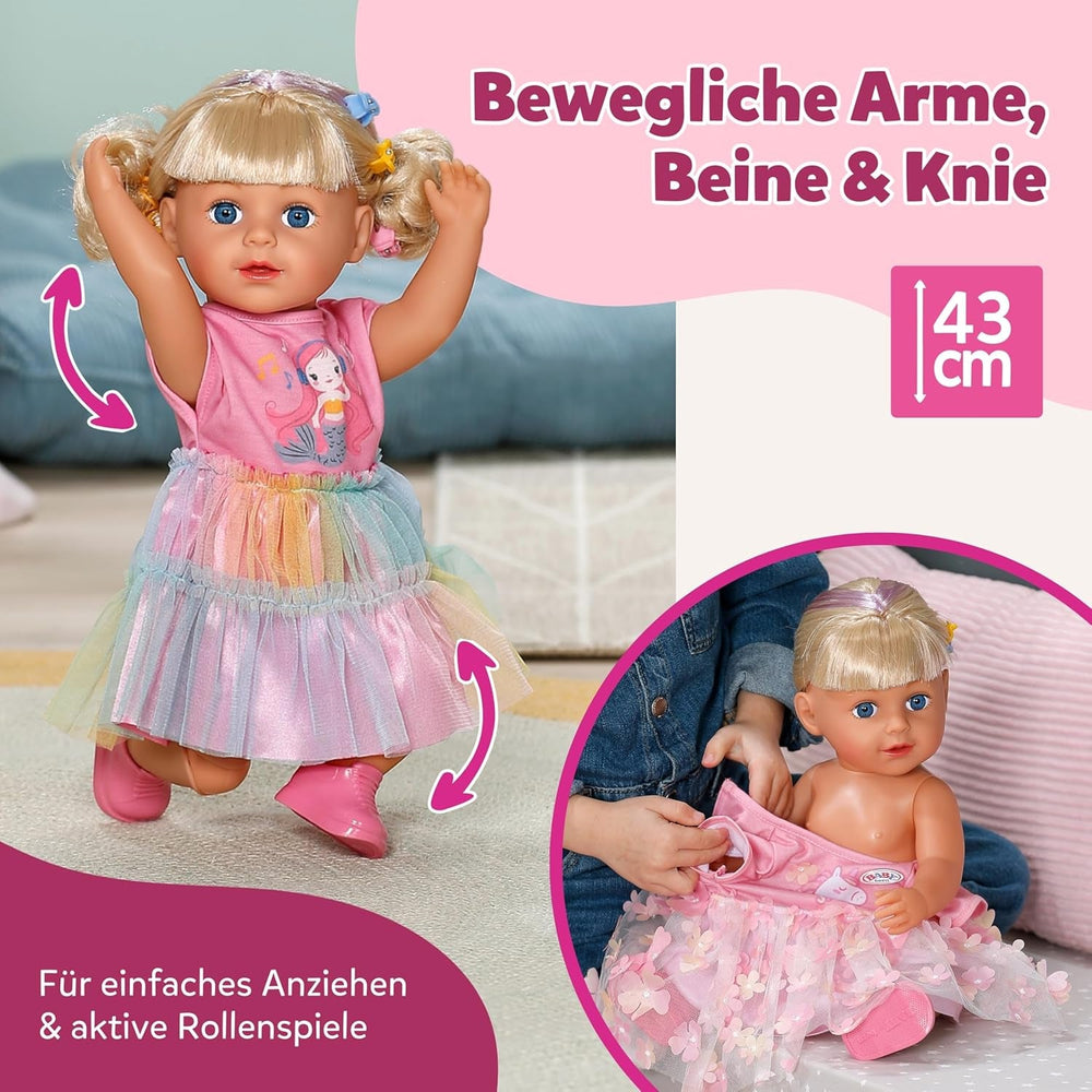 BABY born Carla - 43 cm große Puppe - Hochwertiges Blondes Haar mit Strähnen - Benötigt Keine Batterien - Geeignet für Kinder ab 4 Jahren - Inkl. 7 Accessoires