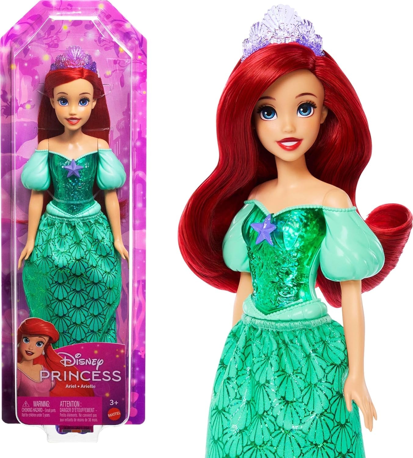 Mattel DISNEY Prinzessin Cinderella - Bewegliche Puppe mit glitzerndem Outfit, abnehmbaren Schuhen und Diadem, kämmbares Haar für Frisierspaß, für Kinder ab 3 Jahren, HLW06