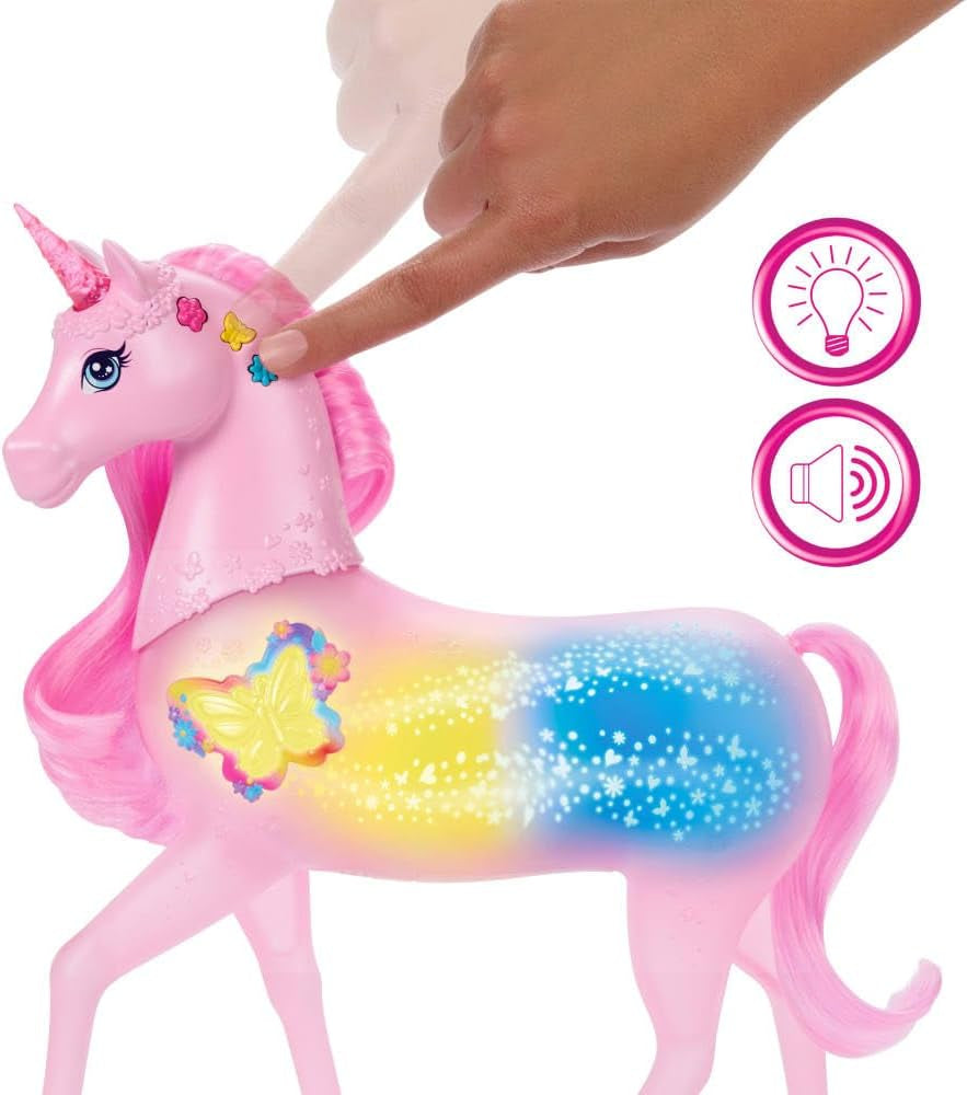 Barbie unicorn strălucitor care luminează în întuneric cu 20 de combinații interactive de efecte de lumină, sunete și muzică, pentru joacă prin apăsarea butoanelor și mângâierea capului, JCP78