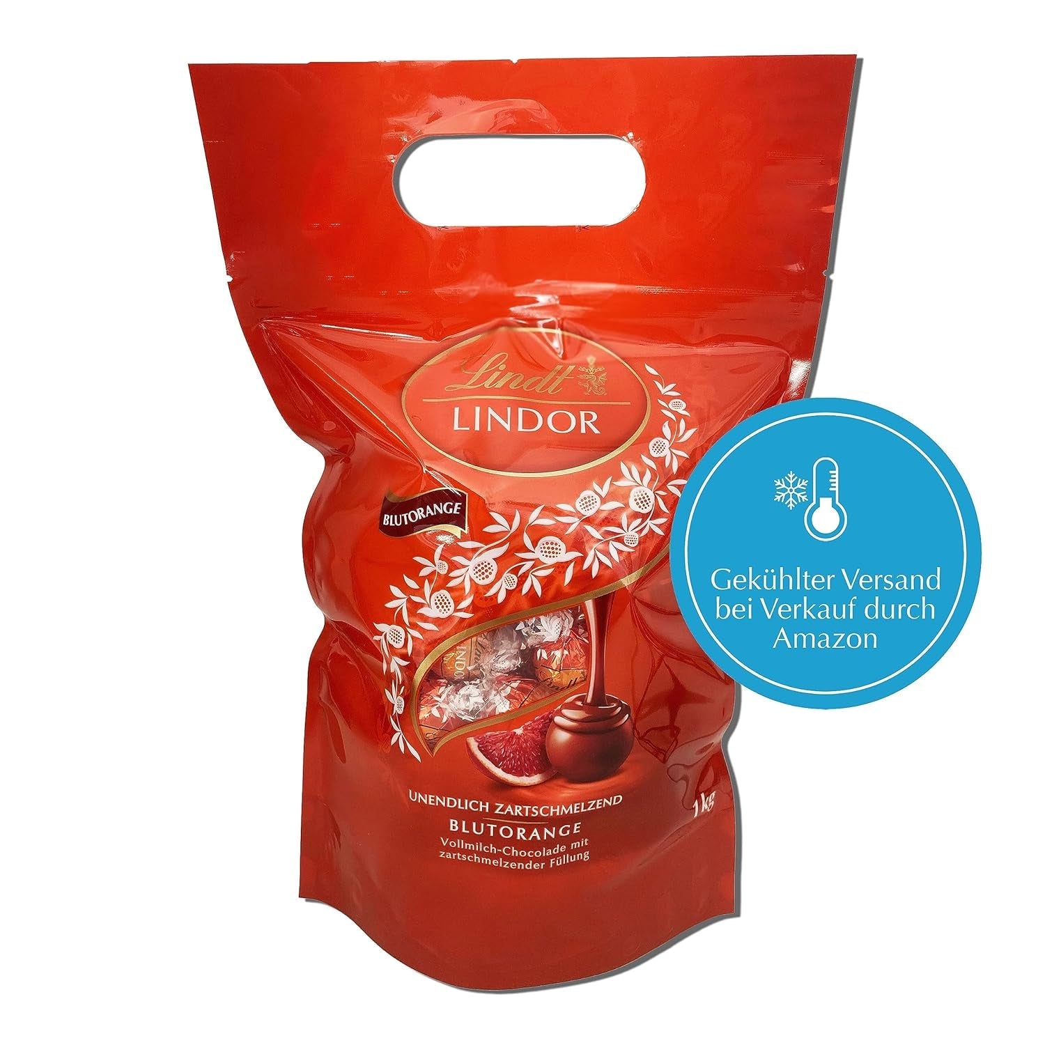 Bile de ciocolată Lindt LINDOR cu portocale roșii | Pungă resigilabilă de 1 kg | aprox. 80 de bomboane de ciocolată cu umplutură care se topește în gură | Pachet vrac, cadou de ciocolată