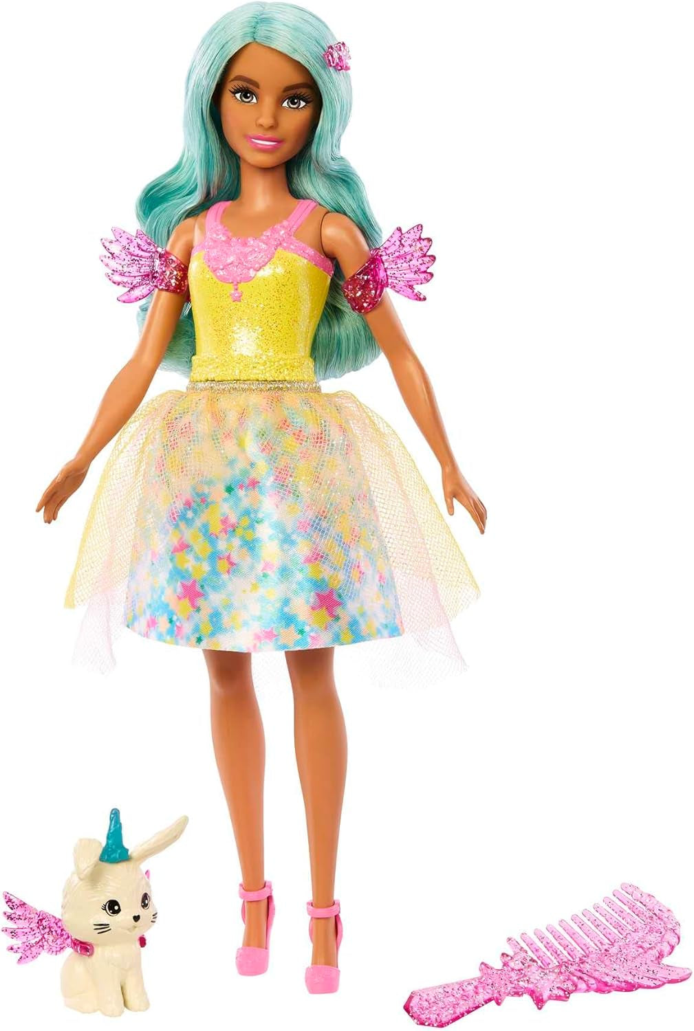 Păpușă Barbie Hidden Magic - Teresa cu ținută de basm, păr ondulat și pieptene pentru distracție în coafare, pentru copii cu vârsta de 3 ani și peste, HLC36